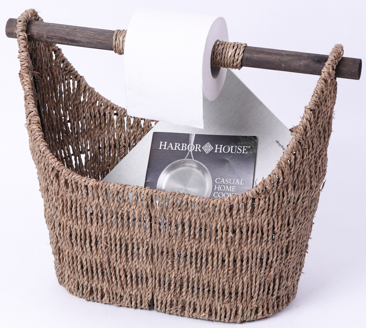 Seagrass Decorative Bathroom Basket – Handwoven Magazine Rack, Storage Organizer for Small Essentials, Washcloths and Toiletries, with Wooden Rod Toilet Paper Holder for Easy Dispensing